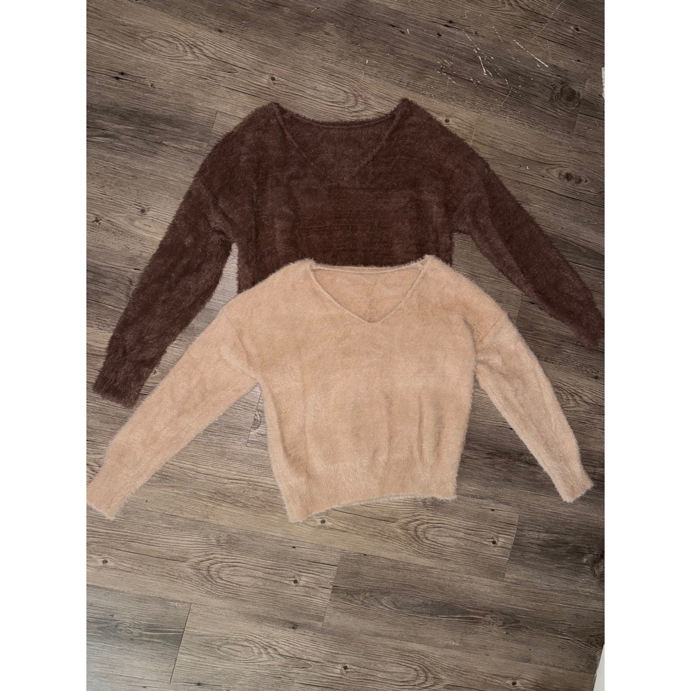 SHEIN Womens Fuzzy Eyelash Knit V-Neck Sweater Bundle Brown Tan Size M 2 Pack